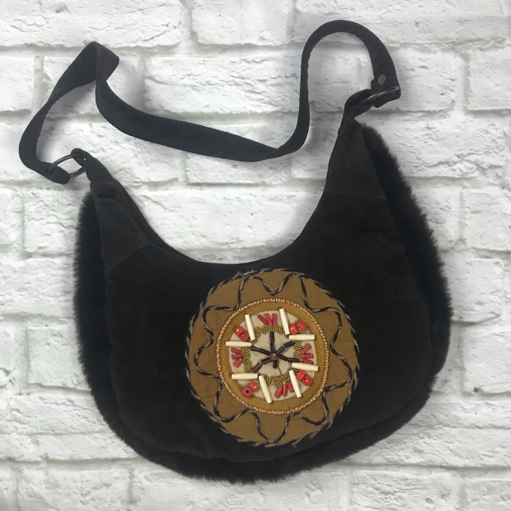 Boho leather Southwestern style shoulder bag brown suede beaded